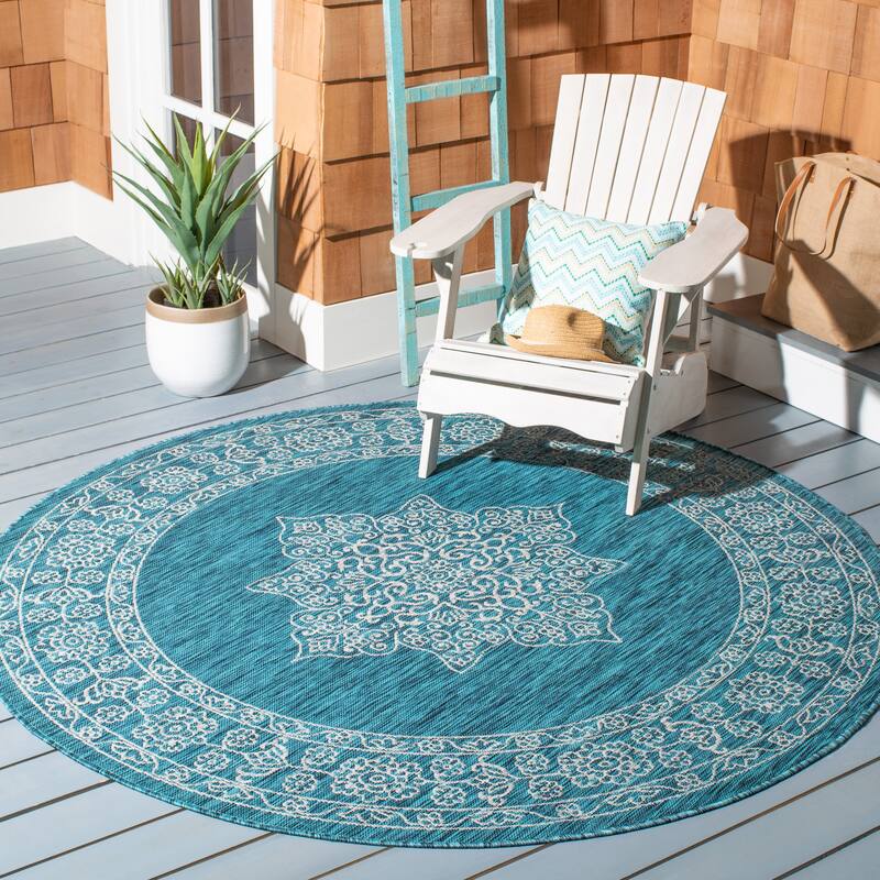 SAFAVIEH Courtyard Zikrija Indoor/ Outdoor Waterproof Patio Backyard Rug - 6'7" Round - Teal/Ivory