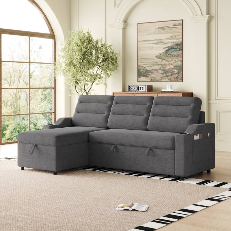 83.5" Convertible Sleeper Sofa - Polyester Sectional Sofa Bed with Pullout Bed and Cup Holder