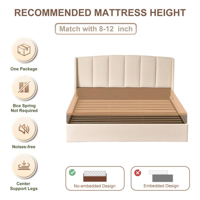 Linen Wingback Hydraulic Lift Up Storage Upholstered Platform Bed