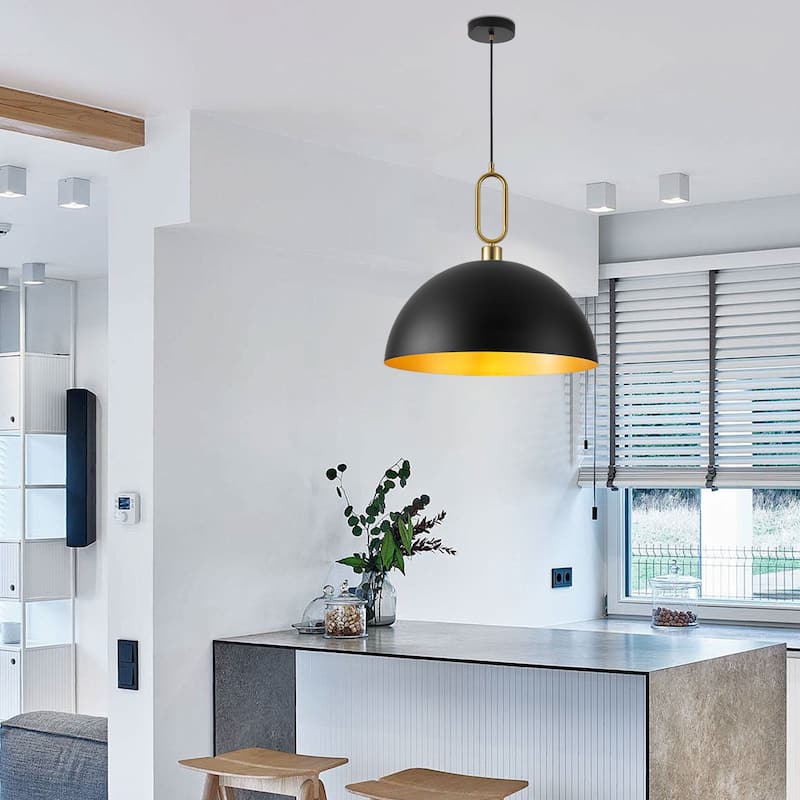 1-Light Industrial Metal Dome Pendant with Golden Ring Accent
