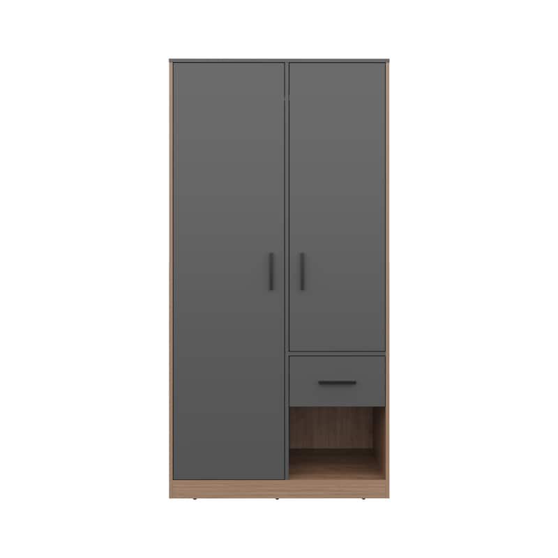2-Door One Drawer Amoire With 2 Cabinets,Two Hanging Rods And Four Shelves In Matt Gray And Natural Oak