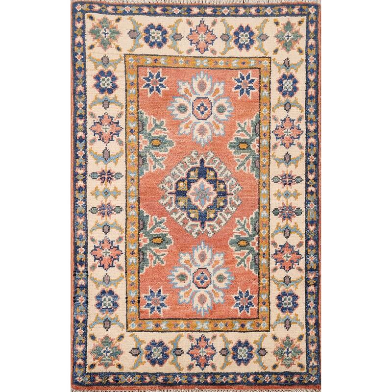 Geometric Kazak Accent Rug Handmade Orange Wool Carpet - 2'0" x 3'0"