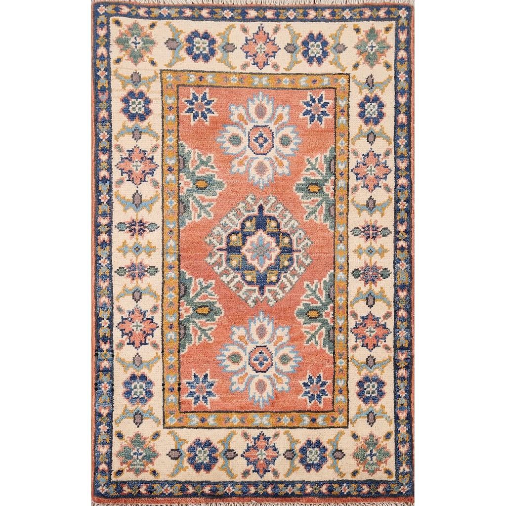 Geometric Kazak Accent Rug Handmade Orange Wool Carpet - 2'0" x 3'0"