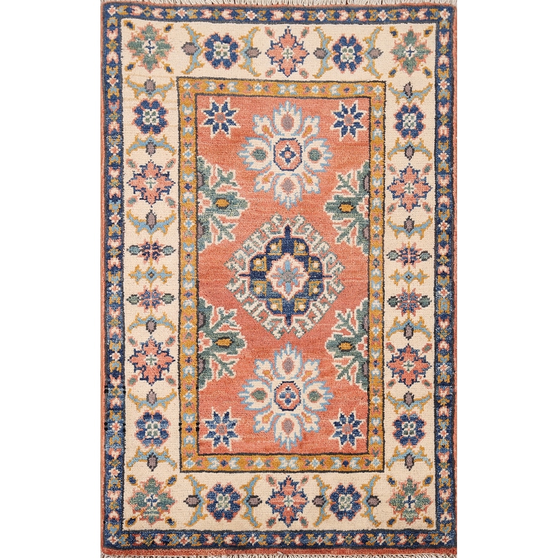 Geometric Kazak Accent Rug Handmade Orange Wool Carpet - 2'0" x 3'0"