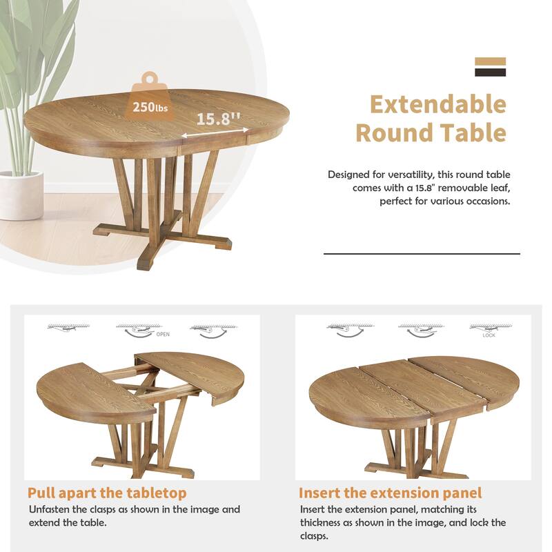 5-Piece Round Dining Set with Extendable Trestle Table and Cross Back Chairs, Rustic Farmhouse Style