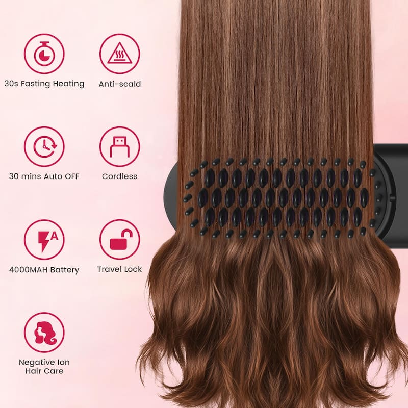 Cordless Hair Straightener Brush - Portable Ionic Hot Comb