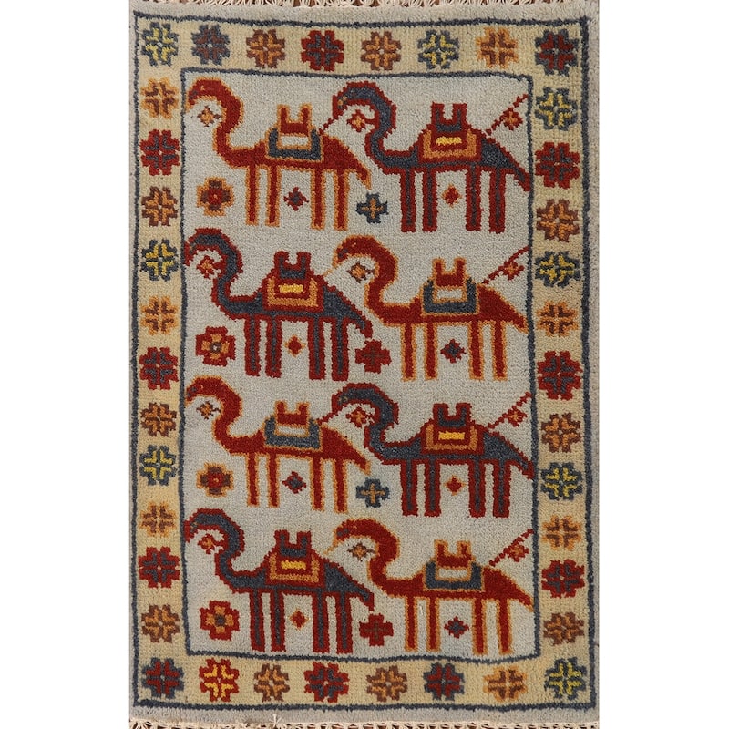 Hand Knotted Oriental 100% Wool Carpet Traditional Tribal Greys & Charcoal Art Deco Area Rug - 3' 0'' X 2' 0''