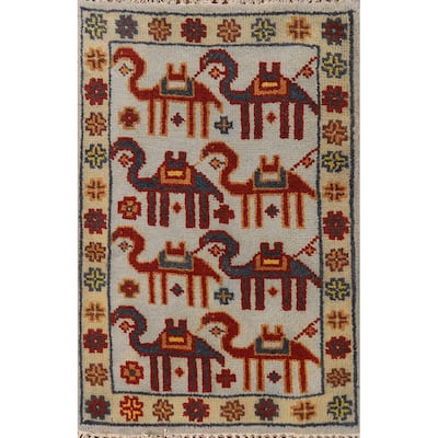 Hand Knotted Oriental 100% Wool Carpet Traditional Tribal Greys & Charcoal Art Deco Area Rug - 3' 0'' X 2' 0''