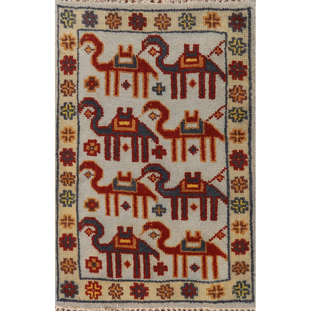 Hand Knotted Oriental 100% Wool Carpet Traditional Tribal Greys & Charcoal Art Deco Area Rug - 3' 0'' X 2' 0''