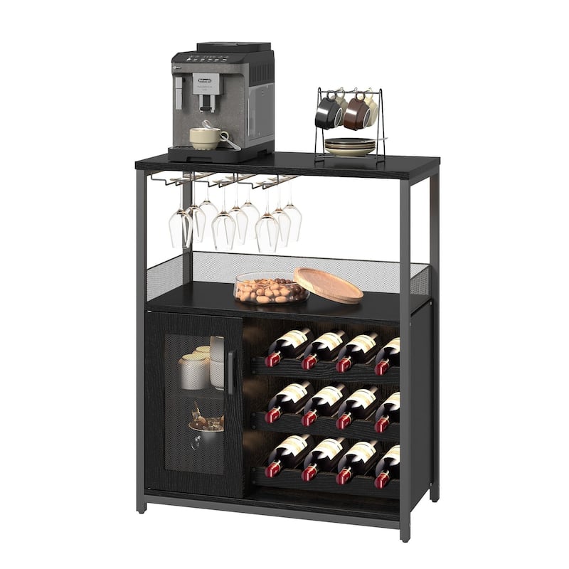 3-Tier Wine Bar Cabinet with Storage, Wine Rack & Glass Holder, Small Liquor Cabinet for Home, Black Corner Storage with Shelves