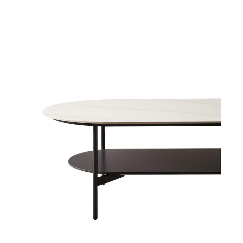 Oval Coffee Table with Bright Sintered Stone Top, 2-Tier Center Table with Metal Frame and Walnut finish Storage Shelf