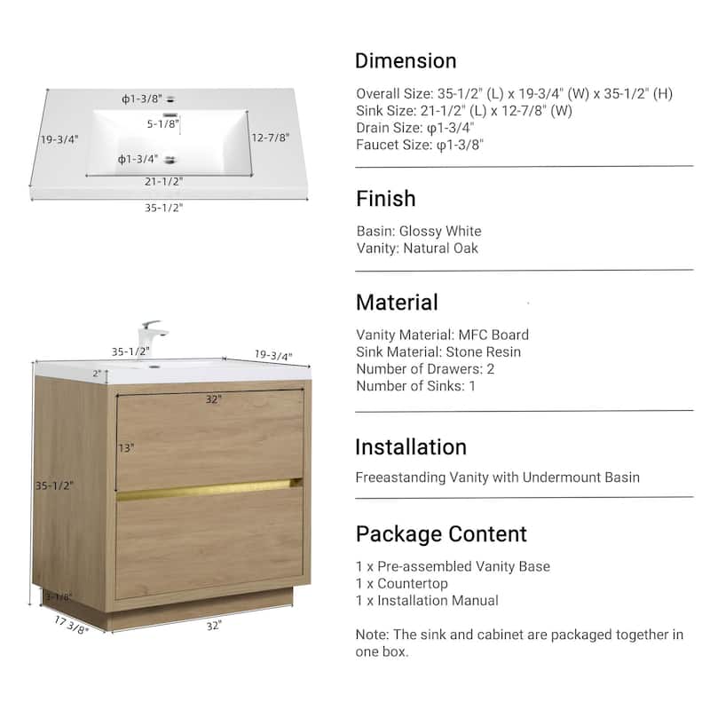 GDFStudio 36" Freestanding Bathroom Vanity with Sink