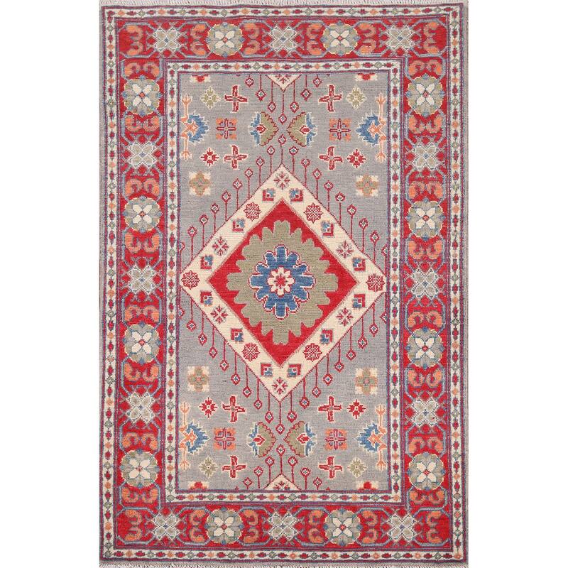 Gray Geometric Kazak Foyer Rug Hand-Knotted Hallway Wool Carpet - 3'3" x 4'4"