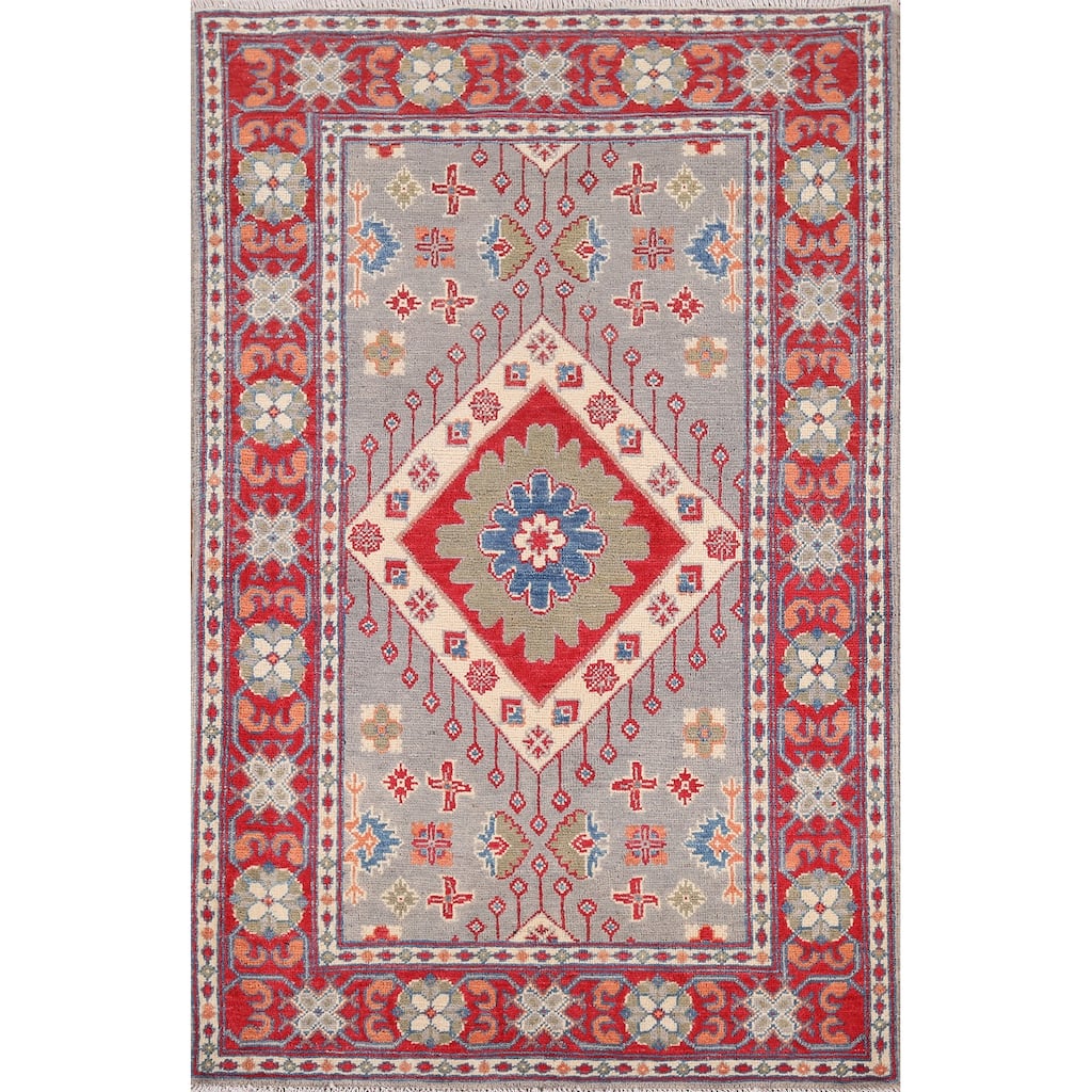 Gray Geometric Kazak Foyer Rug Hand-Knotted Hallway Wool Carpet - 3'3" x 4'4"