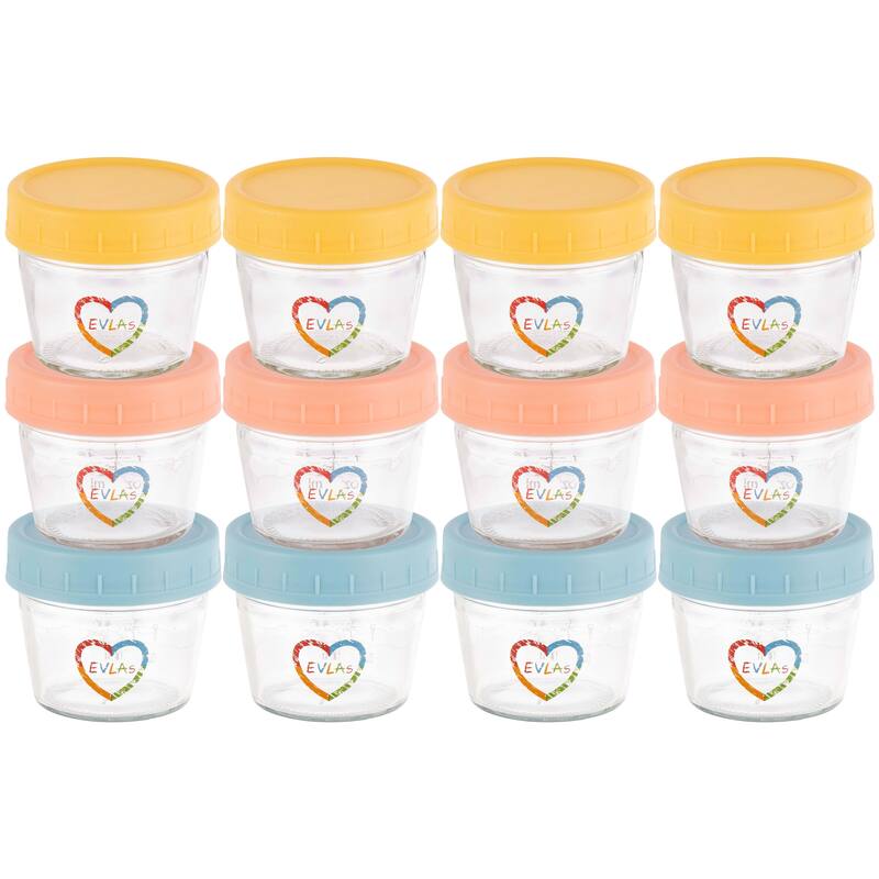 EVLA’s Baby Food Containers 12-Pack - BPA-Free Dishwasher Safe 4oz Glass Baby Food Jars with Lids - Multi-colored - Multi-colored