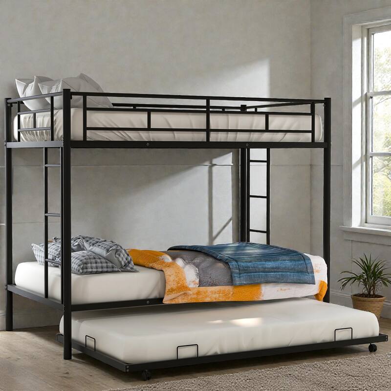 Twin over Twin Metal Bunk Bed with Trundle, Space Saving Bunk Bed with Ladder and Guardrails