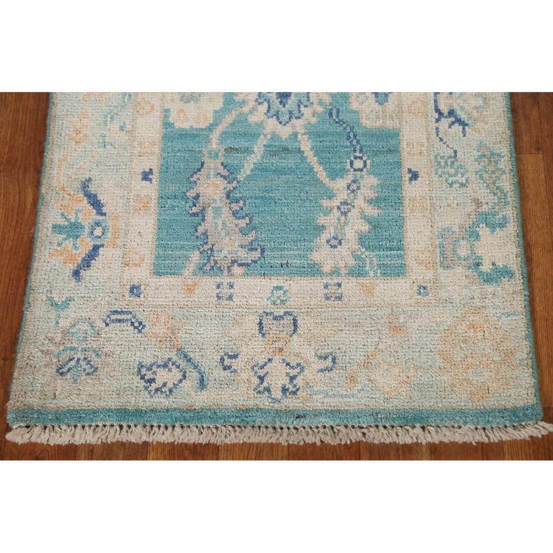 Hand Knotted Oriental 100% Wool Carpet Transitional Floral Green Oushak Area Rug - 3' 2'' X 2' 0''