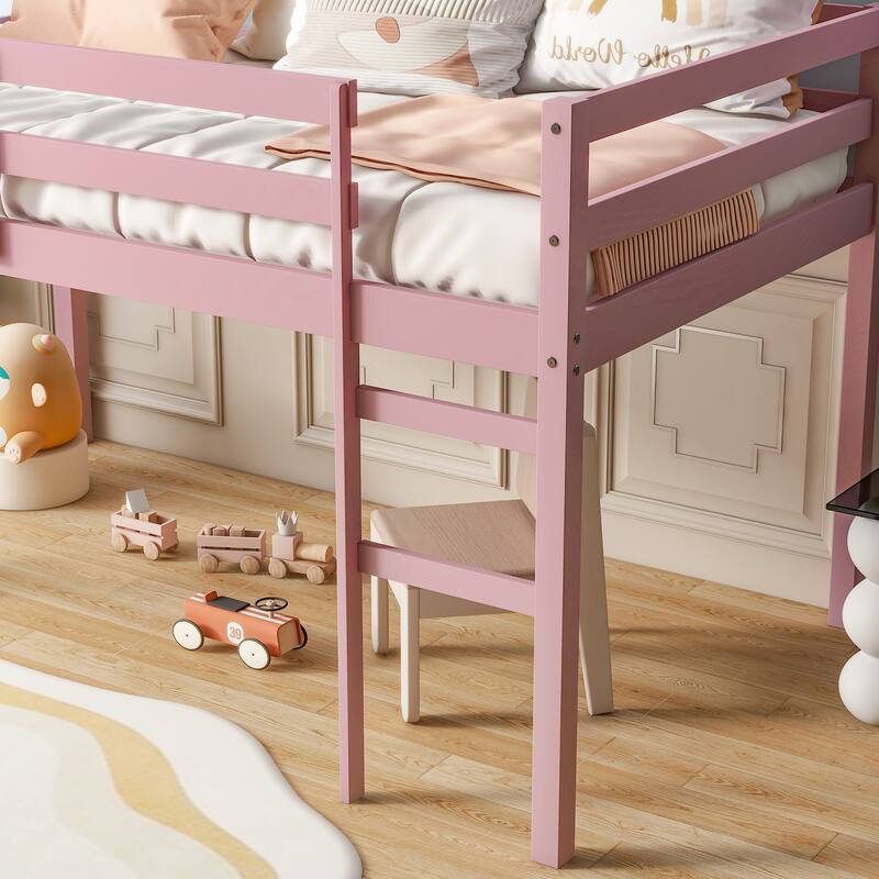 Pink Twin Loft Bed with Ladder, Rubber Wood Frame, Strengthened Slats, Low Height Design, Ample Under-Bed Storage