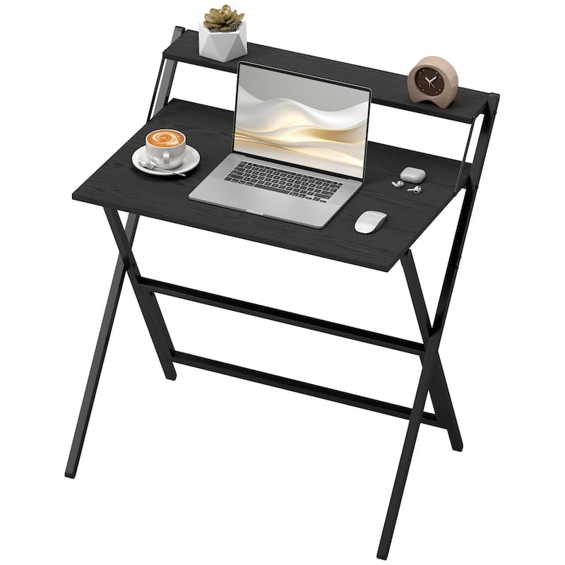 Folding Desk with Monitor Shelf Compact Space Saving Workstation Sturdy Steel Frame Easy Assembly - Black