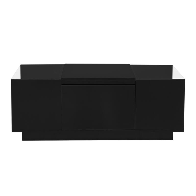 LED Coffee Table with 2 Drawers, Rectangle High Gloss Center Table, Modern Glass Tabletop Storage Table for Living Room