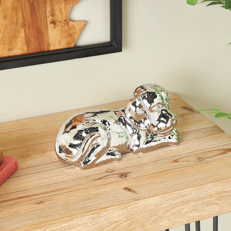 Silver or Gold Ceramic Laying Dog Sculpture with Matte Finish - Silver