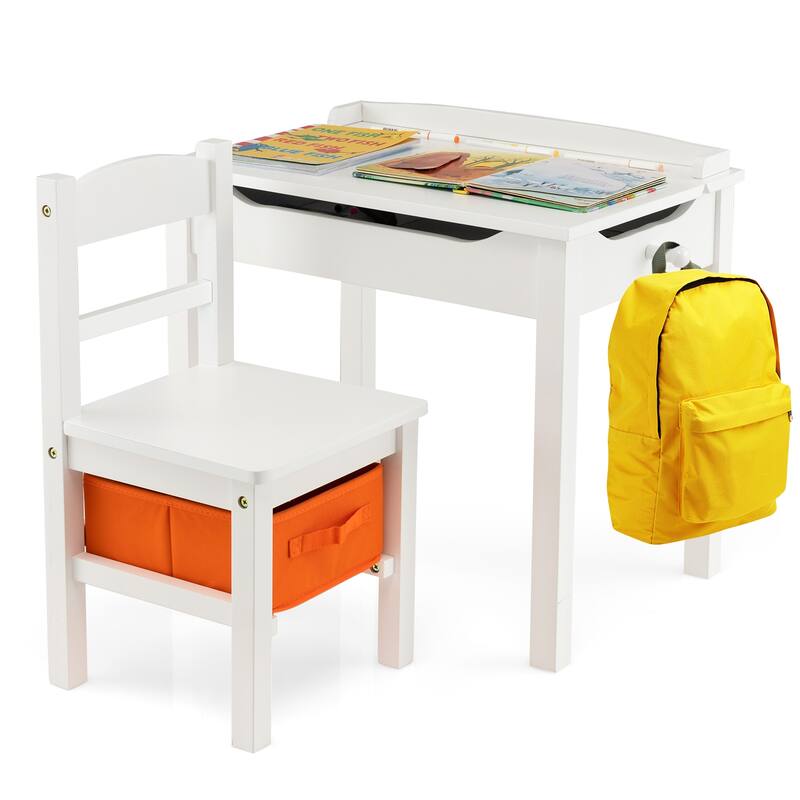 Gymax Kids Table and Chair Set Wood Activity Study Desk w/ Storage - White