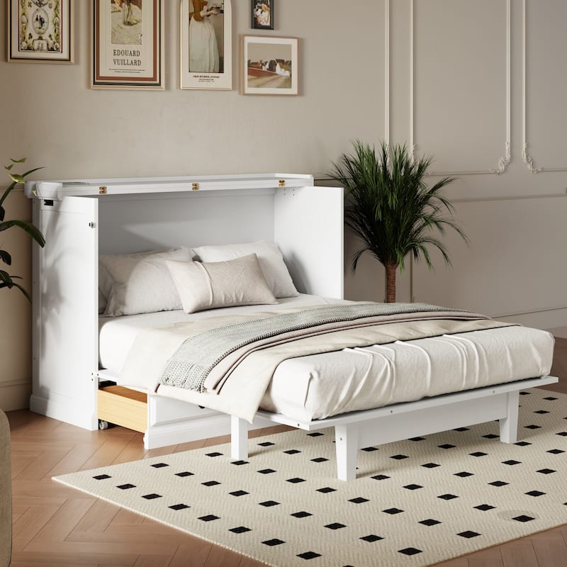 Full Size Solid Pine Murphy Bed with Charging Station and Large Storage Drawer for Home Office or Small Room