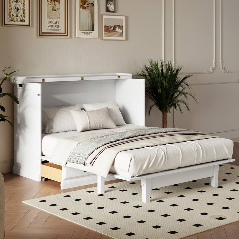Queen Size Solid Pine Murphy Bed with Charging Station & Storage Drawer