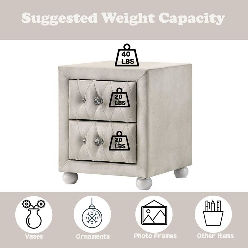 Beige Fabric Nightstand with 2 Storage Drawers, Wood and MDF Construction