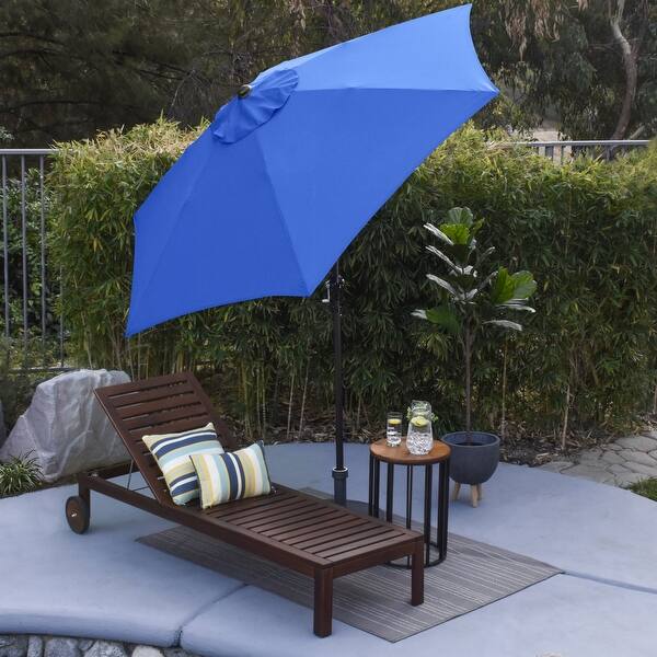 blue print patio umbrella 'The Chaya' Printed and Orange Tassel Bali Parasol inspired pattern in rich blues Tuscan Solid Print Hexagon Market