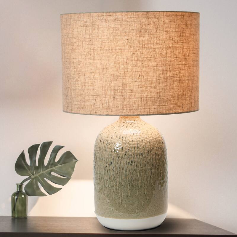 Stoneware Table Lamp with Linen Shade & Inline Switch, Reactive Glaze, Taupe Color