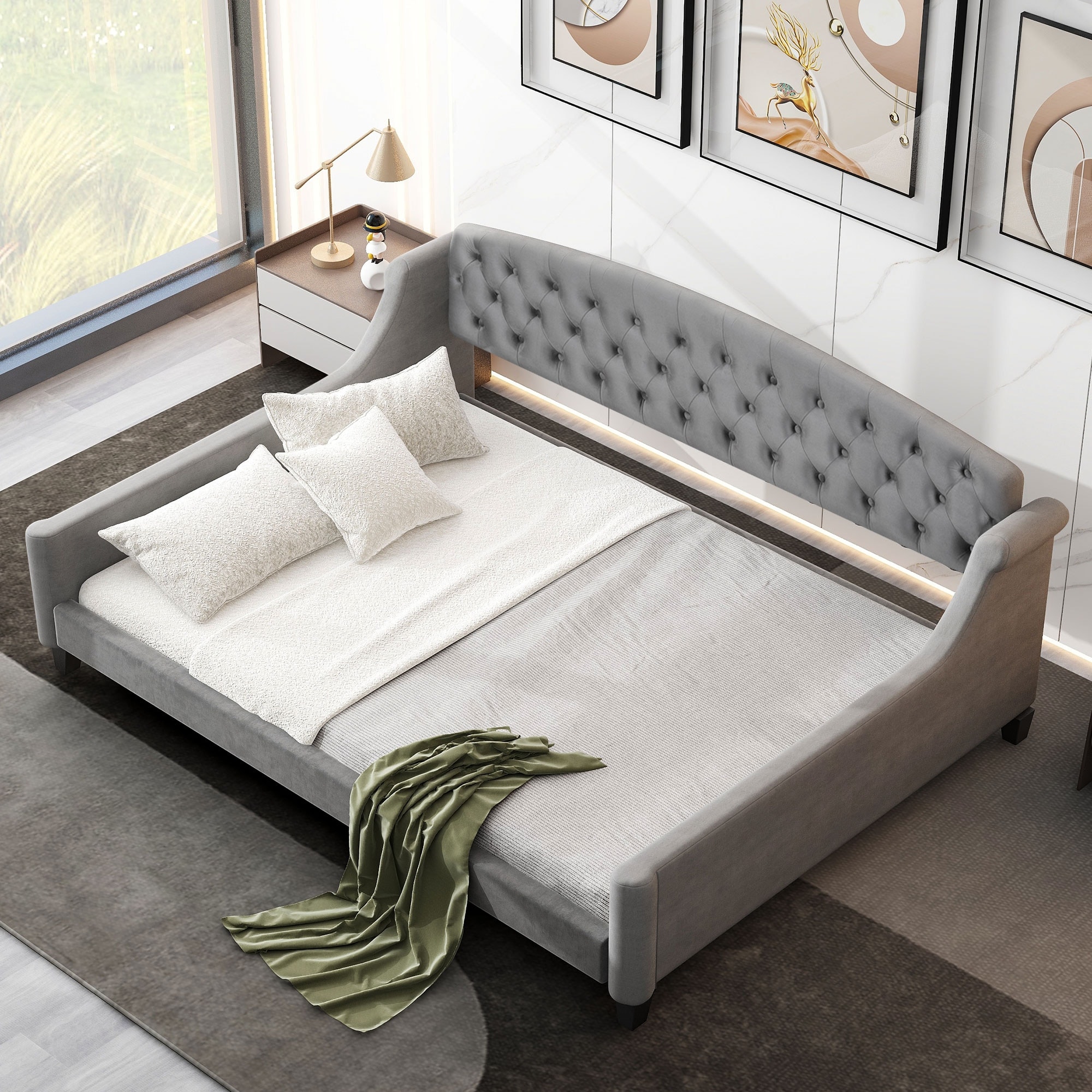 Roomfitters Full Size Upholstered Daybed, Modern Velvet Platform Bed with Curved Tufted Backrest
