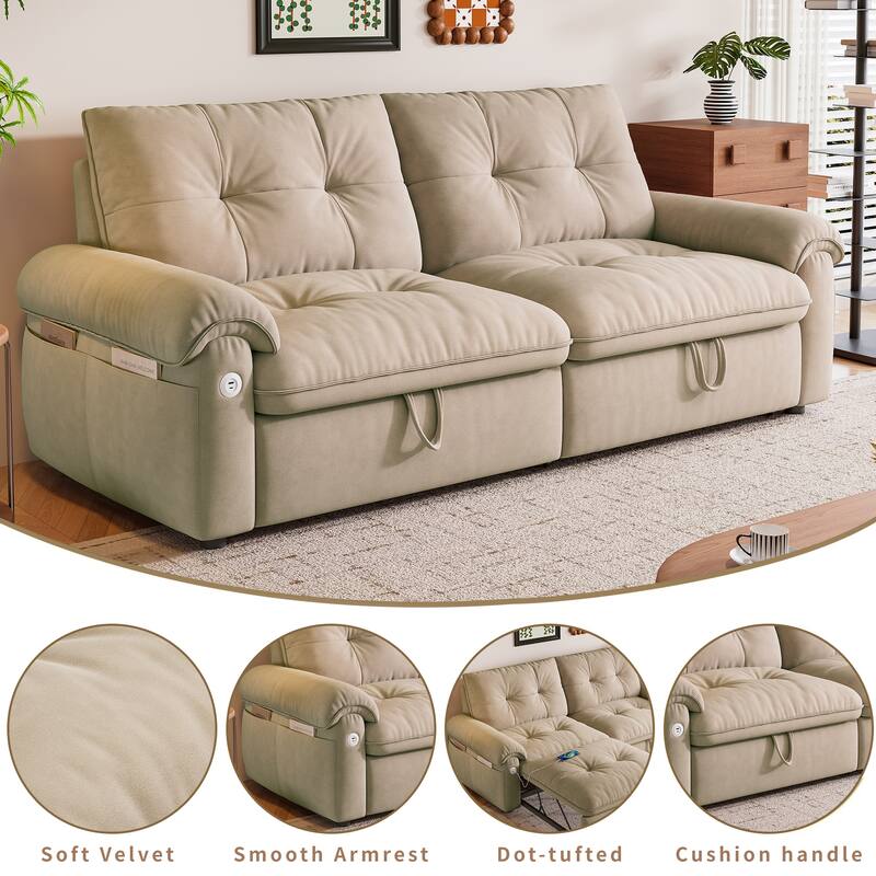 2-in-1 Velvet Pull Out Sleeper Sofa Bed Convertible Loveseat Couch for Sitting, Napping or Sleeping with Side Pockets and USB