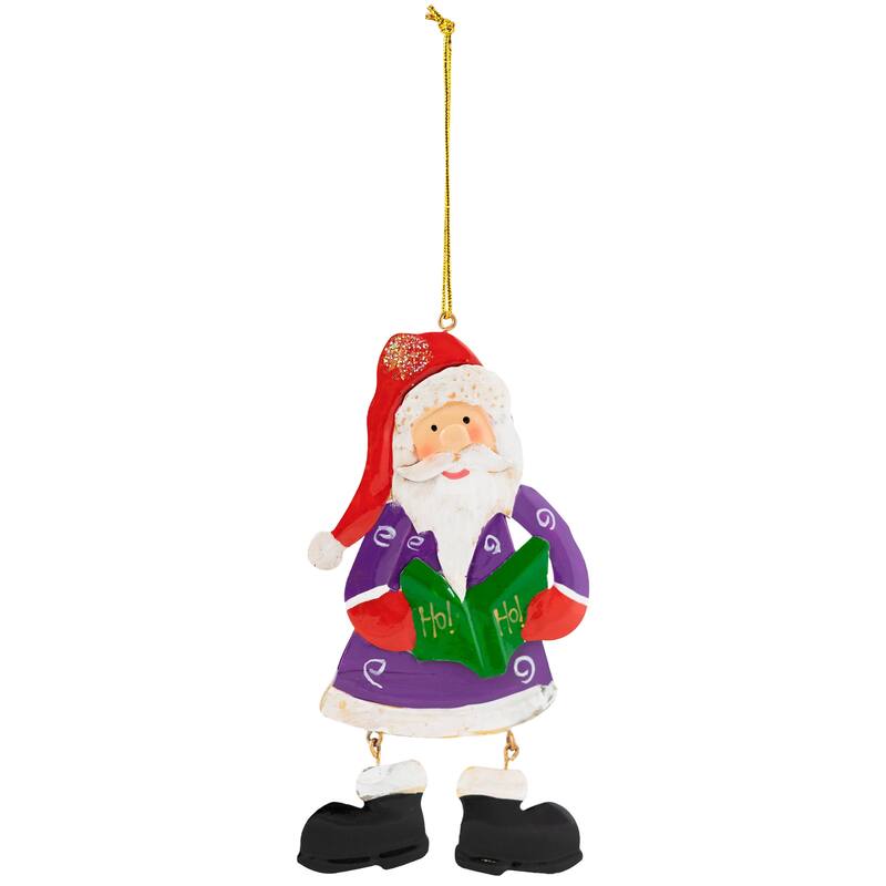 Glittered Ho Ho Caroling Santa Metal Christmas Ornaments - 5.5" - Set of 4