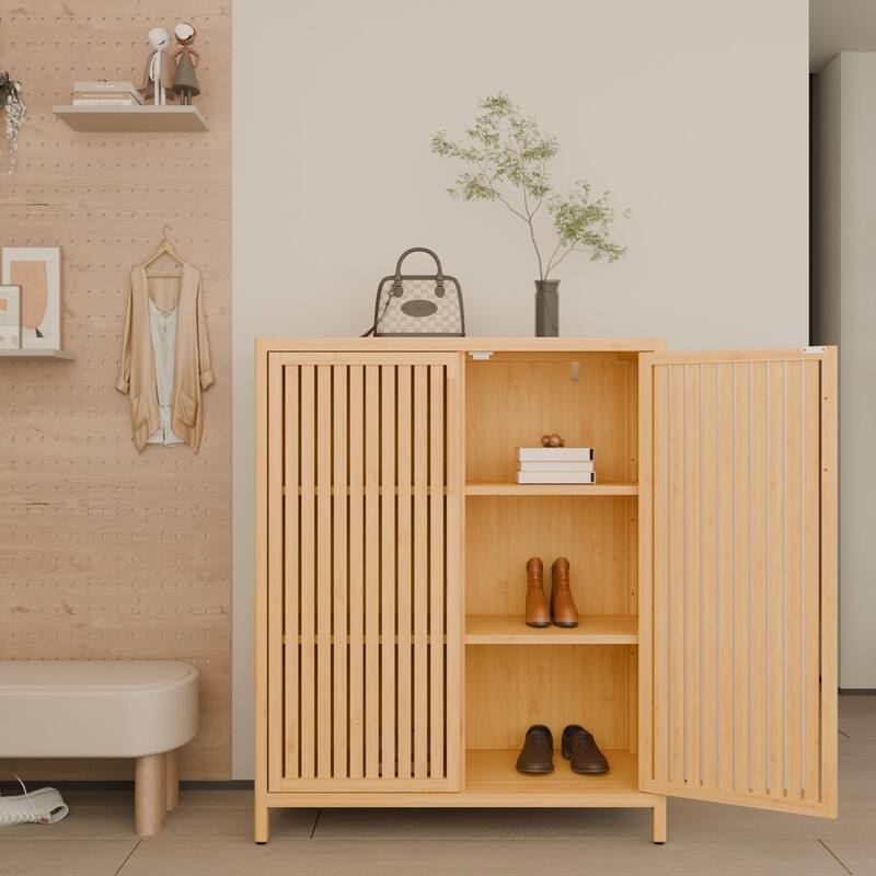 Narrow Freestanding Accent Cabinet Bathroom High Cabinet, Bamboo Storage Cabinet with Doors and Open Shelves - Natural