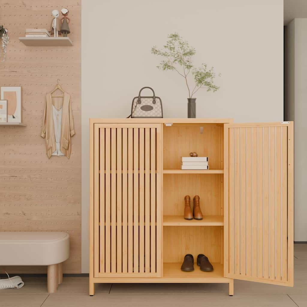 Narrow Freestanding Accent Cabinet Bathroom High Cabinet, Bamboo Storage Cabinet with Doors and Open Shelves