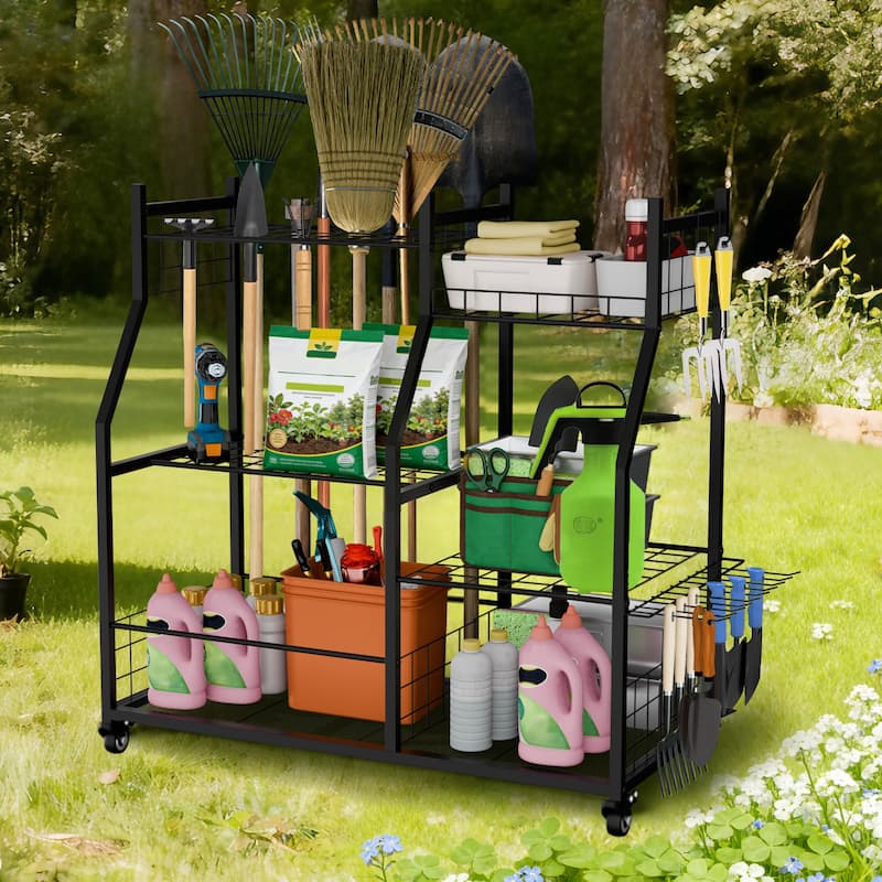 Freestanding Metal Tools Storage Cart Power Tool Organizer Shelf for Garage Workshop Yard with Wheels