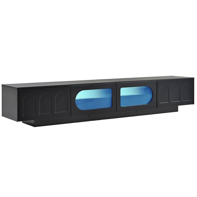 Functional TV Stand with Geometric Fluted Glass Doors, APP-Controlled LED Lighting for TVs Up to 95", Storage Cabinet & Drawers