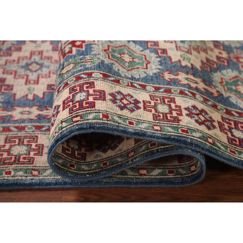 Blue Geometric Kazak Runner Rug Handmade Oriental Wool Carpet - 2'8" x 12'7"