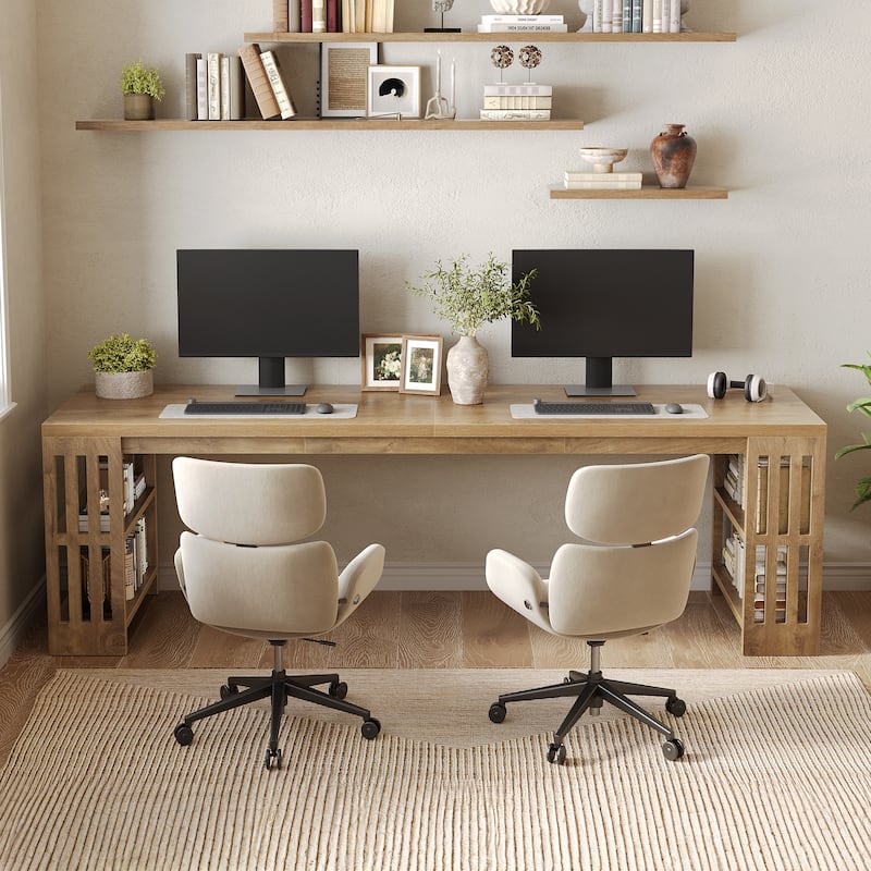 Two Person Desk with Bookshelf Computer Office Double Desk