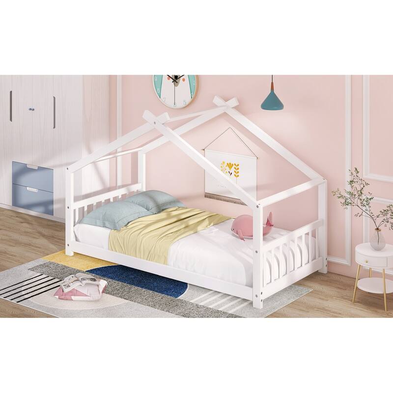 Twin Size House Bed Wood Bed,Featuring Roof
