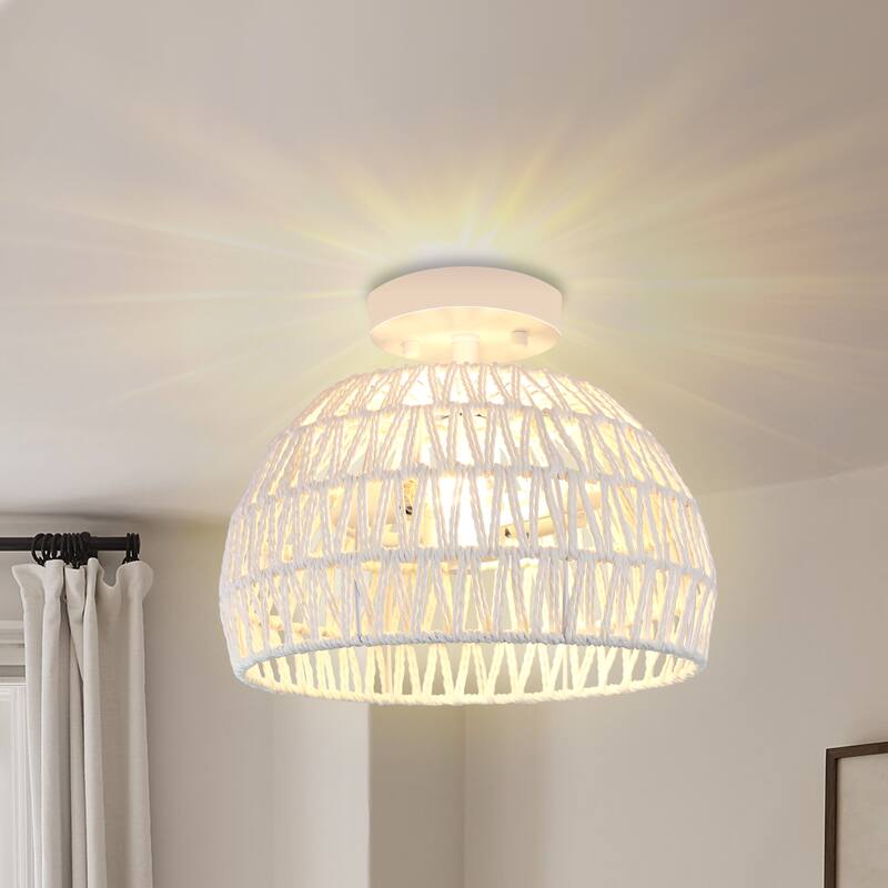 Semi Flush Mount Rattan Light Fixture Woven Ceiling Light Fixture - 2-Light