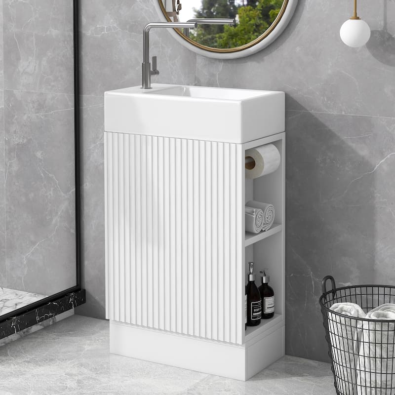 Roomfitters 18.6" Bathroom Vanity with Sink Cabinet with Two-Tier Shelf Left or Right Setup Slim Fit Design - White