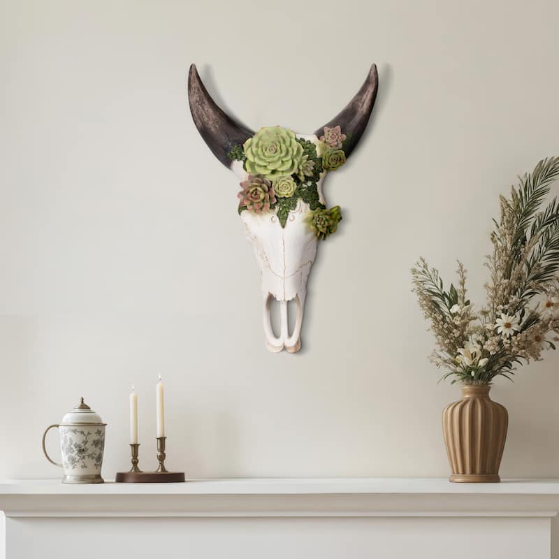 Sagebrook Home Bull Skull With Succulents, Multi, Novelty - 18" x 12" x 6" - Ivory