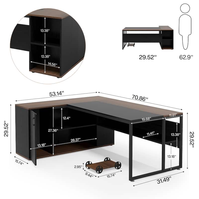 71 inch L Shaped Executive Desk with Cabinet, Corner Computer Desk (Rustic Brown)