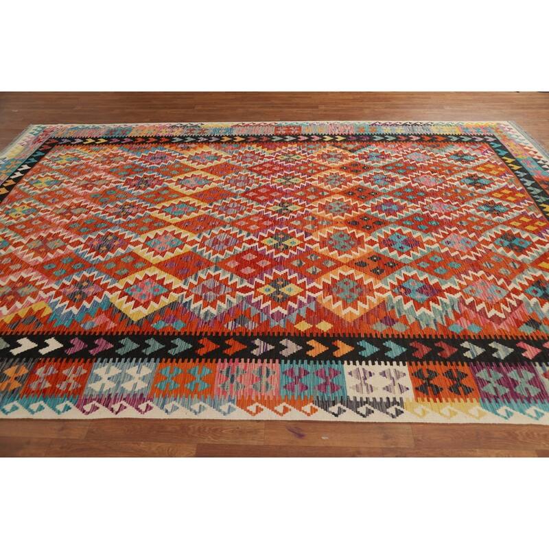 Orange Kilim Area Rug Hand-Woven Geometric Wool Carpet - 8'1" x 11'8"