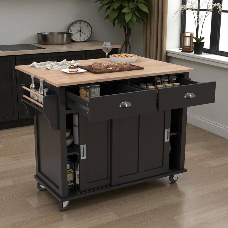 52" Kitchen Island Cart with Rubber Wood Drop Leaf, Hidden Sliding Barn Door, Storage Cabinet & Drawers on Wheels