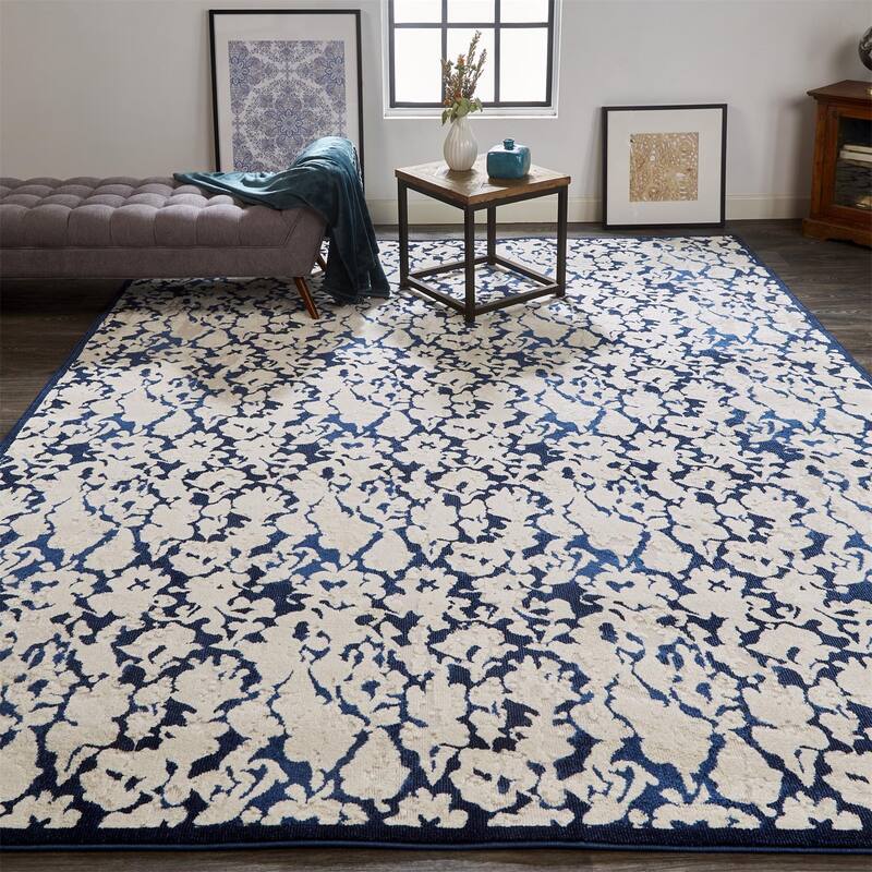 Meera Abstract Floral Rug, Ivory/Ink/Deep Blue, Area Rug