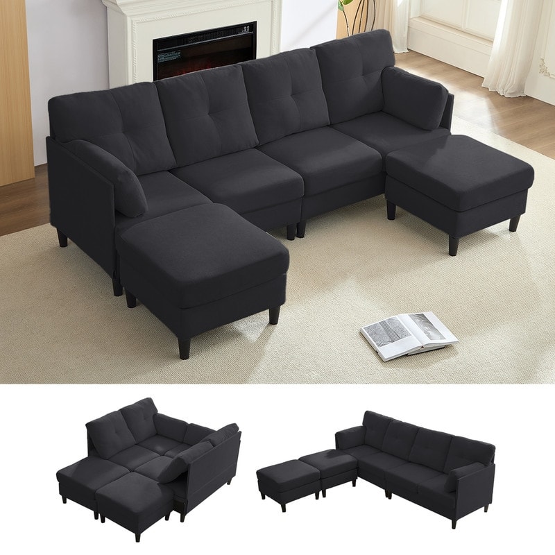 Mixoy W87"U-Shaped Sectional Couches,Velvet 4-Seater Convertible Sofa With Movable Storage Ottomans