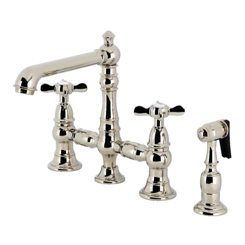 Kingston Brass Essex Two-Handle 4-Hole Deck Mount Bridge Kitchen Faucet with Brass Side Sprayer - Polished Nickel